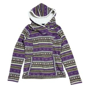 Koppen Hoodie Womens Medium Purple Green Fair Isle Fleece Lined Pullover Sweater